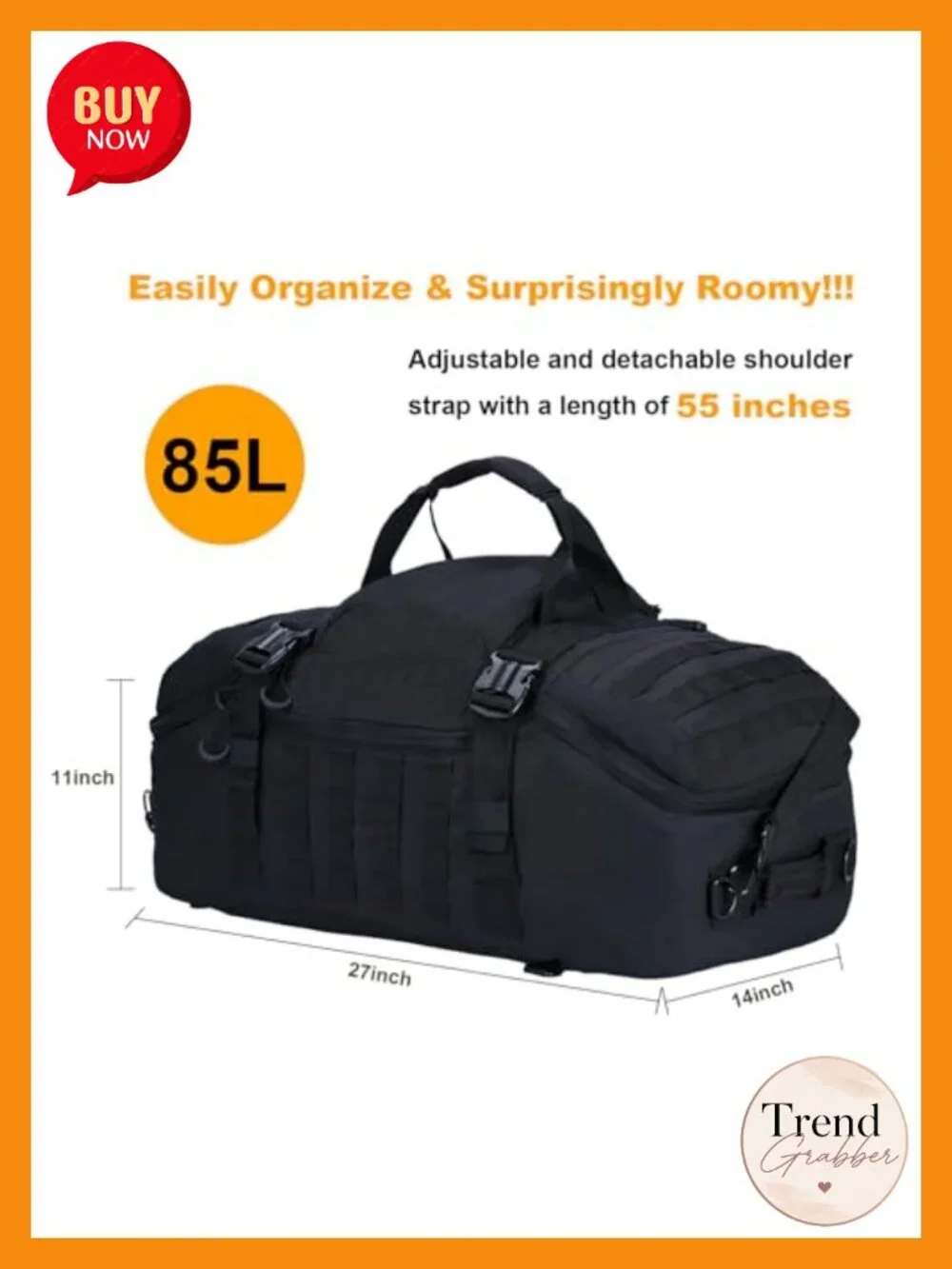 3-in-1 Tactical Travel Duffel Backpack 85L Heavy Duty Gym Bag 600D Nylon